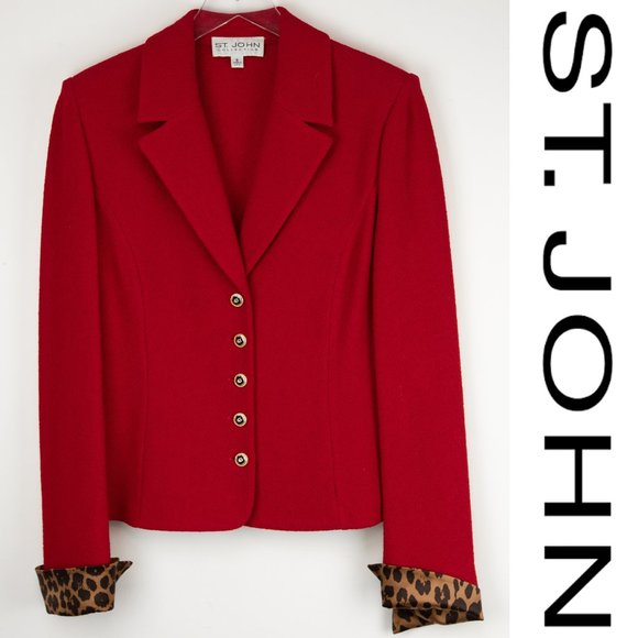 St. John Jackets & Blazers - St John Collection Red Blazer Animal Print Cuffs 8